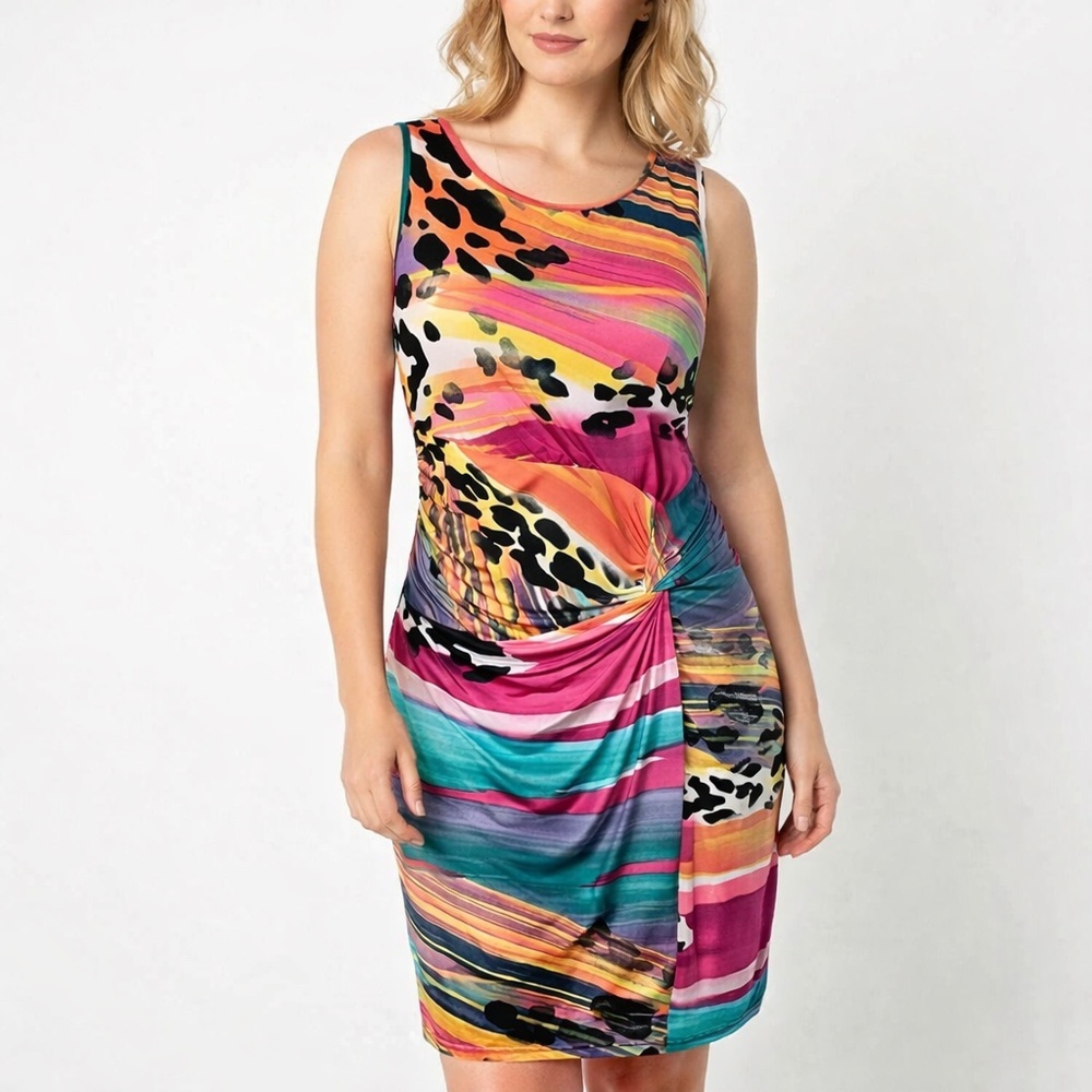 Joseph Ribkoff Colorful Abstract Dress 10 Ruched Side Sheath Knee Length Stretch
